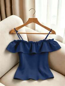 GlowEve CURVE Elegant Ruffled Off Shoulder Blouse For Plus Size Women - Dusty Blue - View 2
