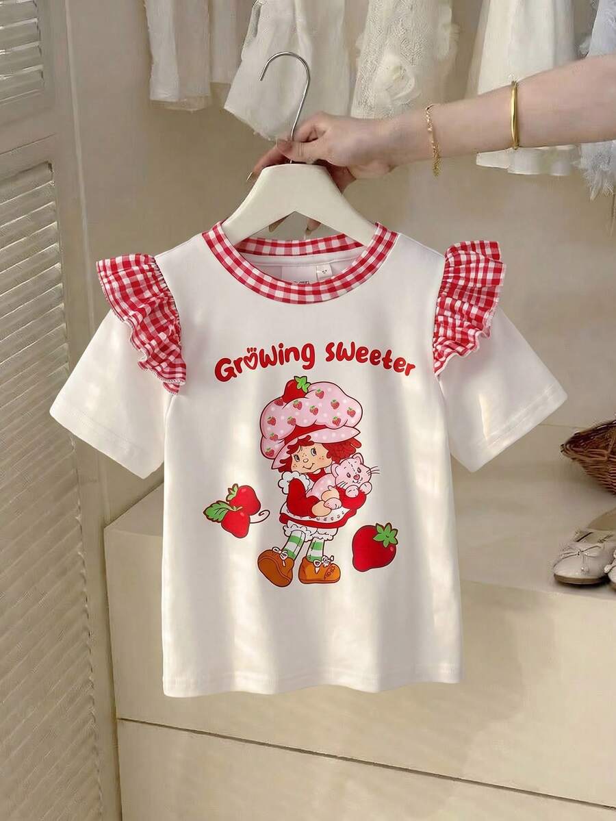 Strawberry Shortcake X SHEIN Young Girl Plaid & Cartoon Print Ruffle Trim Round Neck T-Shirt - White - View 1