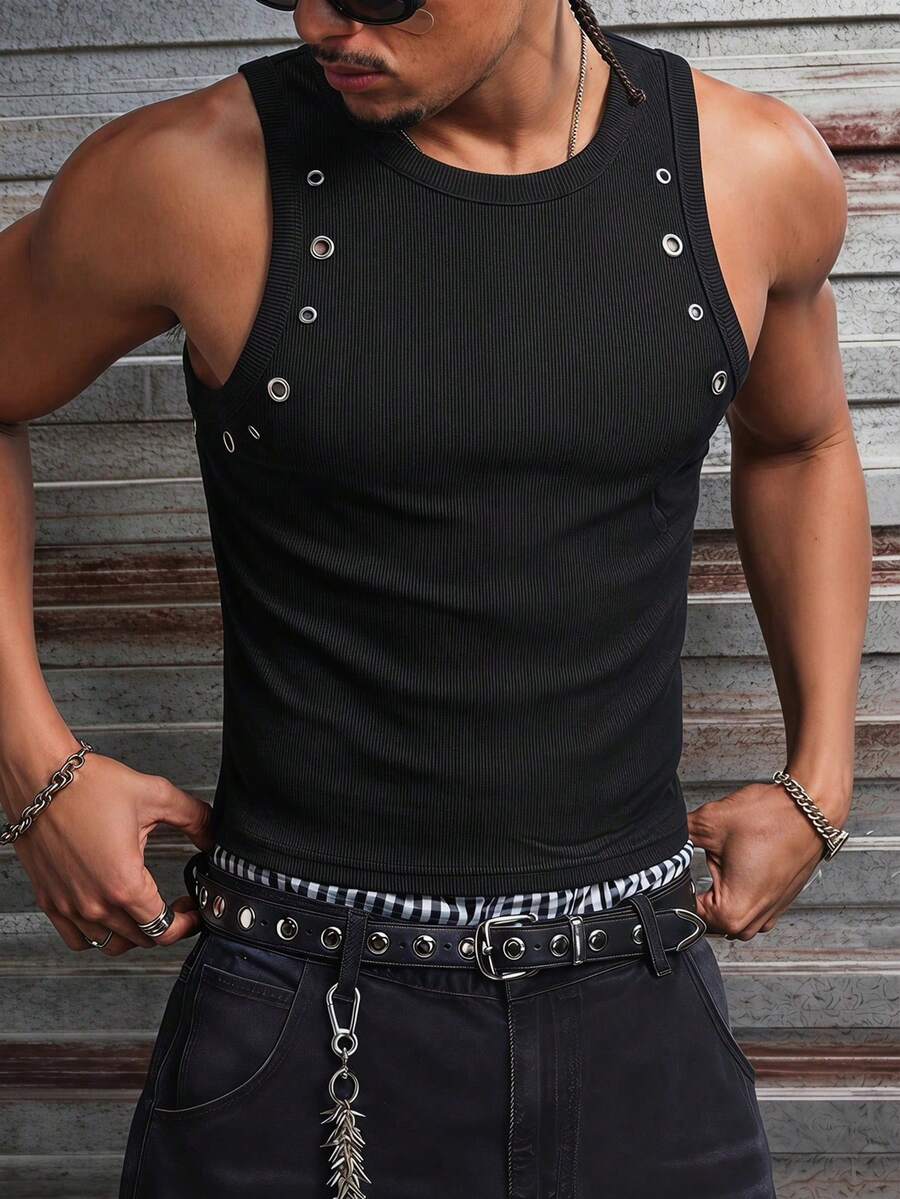 AXEPEAK Men's Black Eyelet Design Crew Neck Casual Streetwear Tank Top Club Summer - Black - View 1