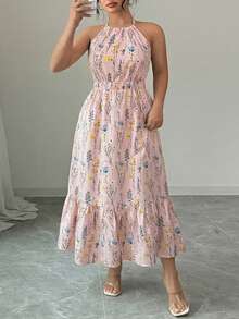SHEIN LUNE Plus Size Women's Elegant Boho Loose Waist-Cinched A-Line Printed Halter Dress, Suitable For Vacation And Everyday Wear, Spring/Summer Pink Floral - Pink - View 4