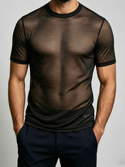 Manfinity Dauomo Men's Solid Color Round Neck Sheer Sexy Short Sleeve T-Shirt, Summer