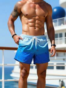 Manfinity KASUA Men's Gradient Color Anchor Striped Print Drawstring Waist Beach Shorts, Holiday - Royal Blue - View 6