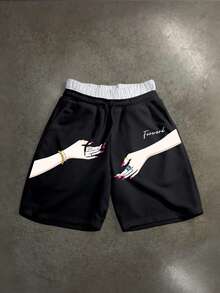 Manfinity ZONE917 Quần short nam in chữ, cạp chun, kiểu dáng thường ngày, đa năng, có dây rút. - màu đen - Xem 1