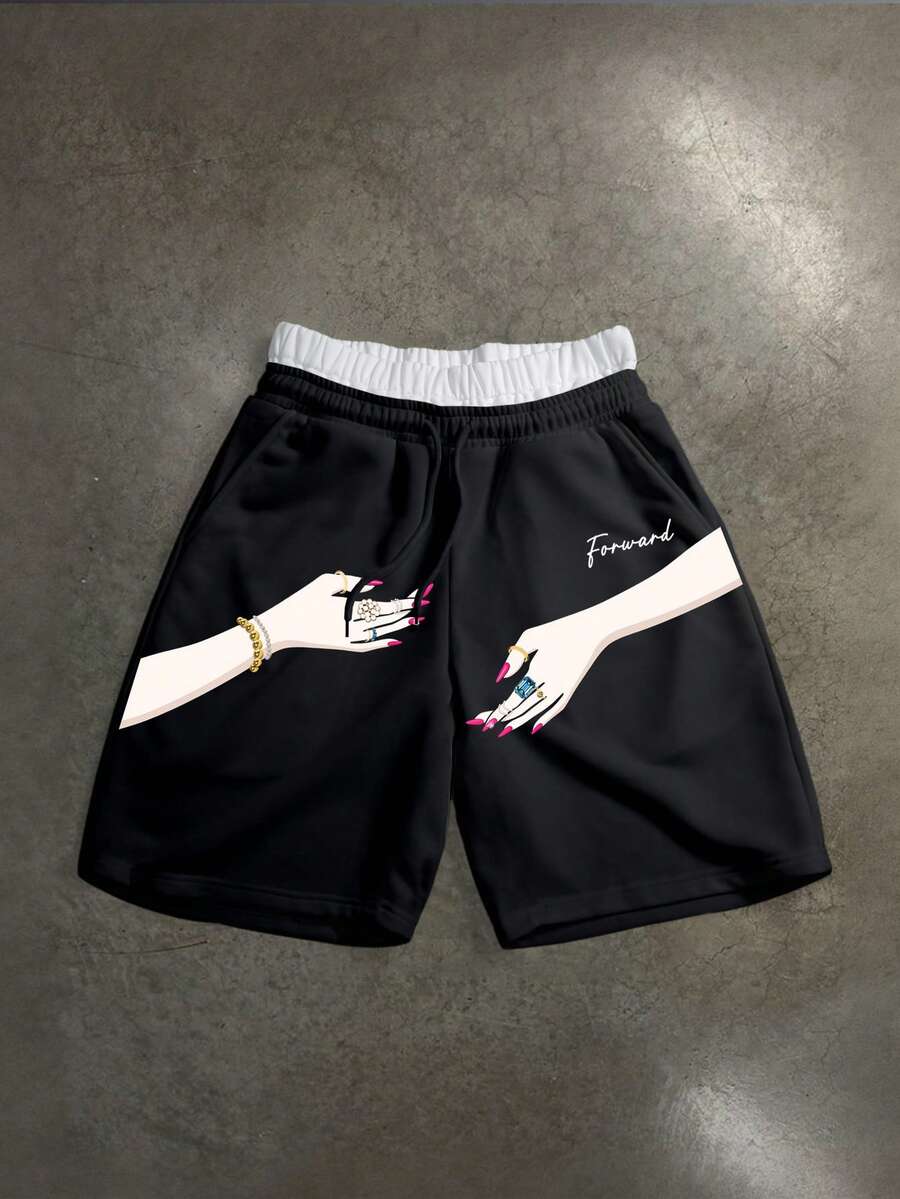Manfinity ZONE917 Quần short nam in chữ, cạp chun, kiểu dáng thường ngày, đa năng, có dây rút. - màu đen - Xem 1