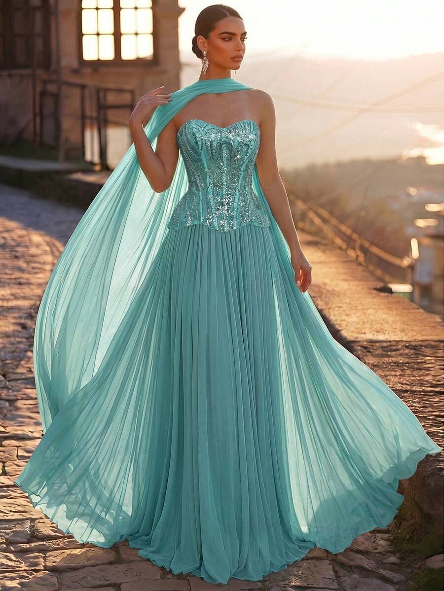Glamrae Đầm sequin sang trọng, tinh tế, phối lưới, co giãn, xếp ly, thích hợp cho đám cưới, tiệc tùng, lễ hội, dạ hội. - Màu xanh bạc hà - Xem 1