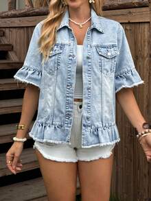 Breezaya Áo khoác denim nữ dáng casual, cổ tay áo xếp ly tua rua, cài một hàng khuy. - Màu xanh lam - Xem 3