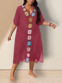 Swim Lushoire Plus Size Women Summer Beach Vacation Patchwork Crochet Loose Cover-Up Dress Boho - Burgundy - View 5