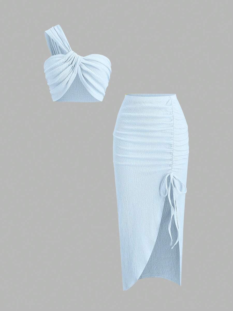 Sweetra Setelan 2 Potong Modis Warna Polos dengan Tali Bahu Miring dan Detail Kerut, Cocok untuk Liburan Musim Panas, Warna Biru Muda yang Elegan - Baby Blue - View 1
