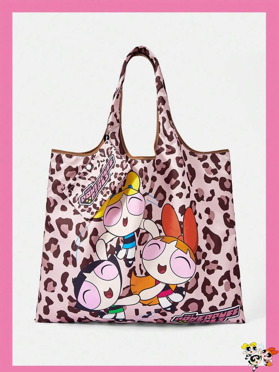 THE POWERPUFF GIRLS X SHEIN 1 件装,粉色豹纹女警娃娃图案折叠手提包,适合女性 - 多色A - 查看 1