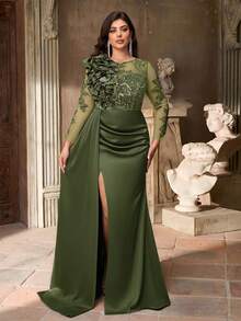 Aureia Plus Size Olive Green Winter Elegant Formal Prom Wedding Boat Neck Beaded Embroidery Patchwork Taffeta Ruffle Trim Long Sleeve High Slit Sheer Dress - Army Green - View 5