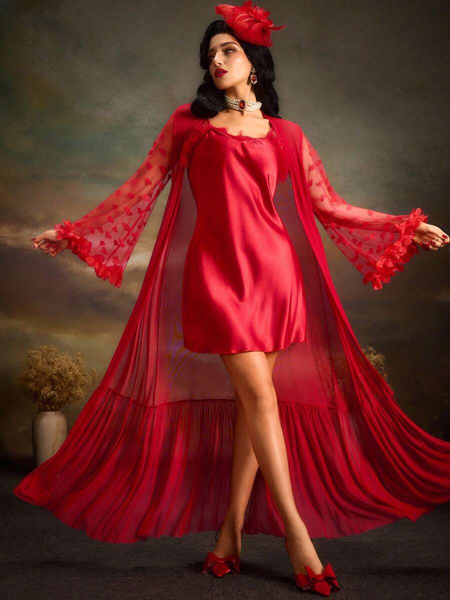 3D Floral Decor Mesh Ruffle Hem Loose Fit Robe PerfectSummer - Red - View 1