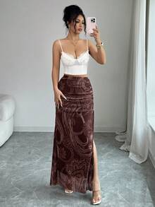 Rafferiza 女士优雅豹纹网纱弹力腰高开衩A字裙 - 咖啡棕 - 查看 4