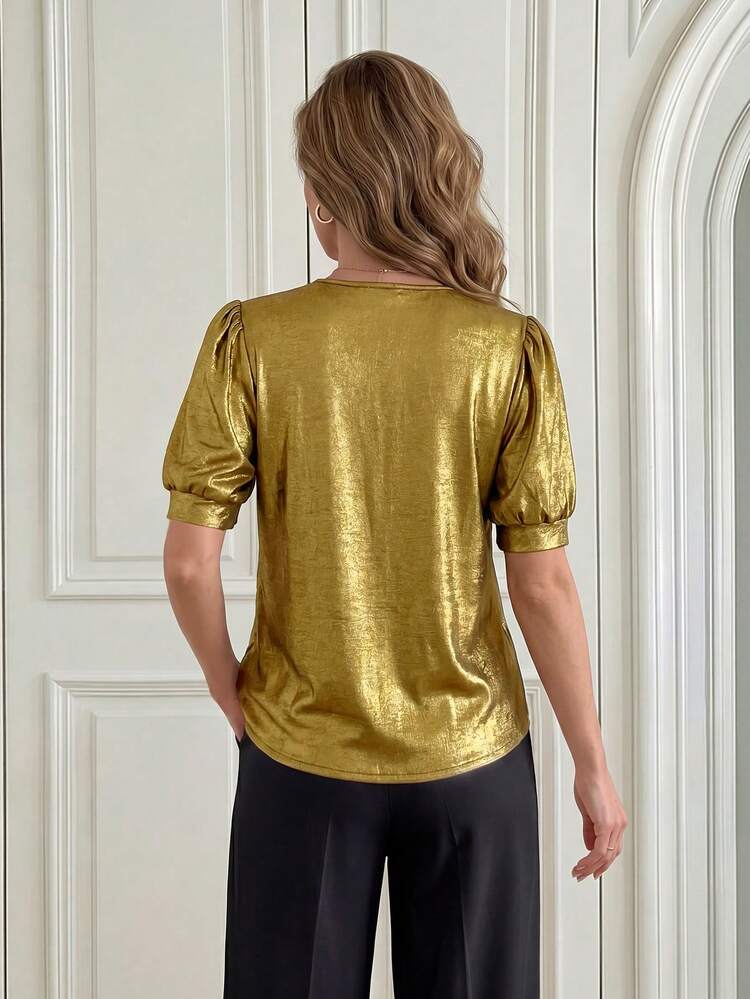 Miaspire Áo kiểu cổ chữ V, tay raglan, viền cánh hoa, đính ngọc trai, thanh lịch, thích hợp mặc hàng ngày, quà tặng Ngày của Mẹ. - Vàng - Xem 2