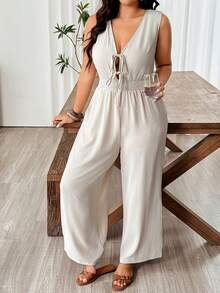 Weeklong Plus Size Women's Deep Shirred Sleeveless Bow Tie Waist Jumpsuit With Pockets, Comfortable For Outings And Vacation Vacation Beige Summer - Apricot - View 6