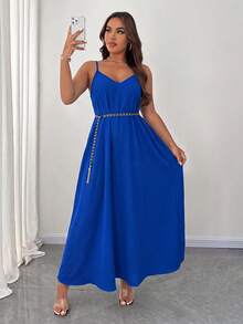 Maweii Vestido de tirantes de vacaciones de unicolor y versátil para mujer de talla grande - Azul - Ver 3