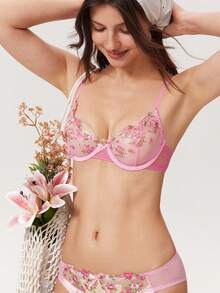 Elorette Sweet Cute Embroidered Soft Cup Bra Hot Pink Summer - Multicolor - View 4