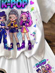 少女休閒簡約卡通女孩肖像 K-Pop 超級巨星卡通女團印花圖案 奶油白 短袖T恤與短褲兩件套 夏季適用 - 彩色 - 查看 6