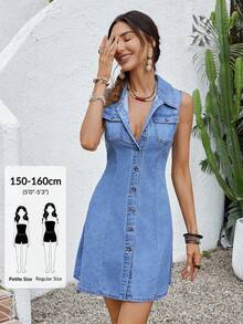 SHEIN PETITE Robe en jean sans manches col chemise PETITE, robes décontracté de tous les jours et de fête d'été pour femmes - Jean clair - Voir 1
