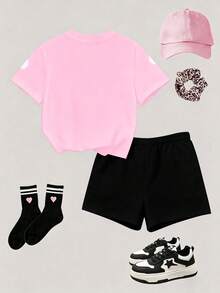 2pcs Young Girls' Fashion K-POP Cartoon Girl Ombre Round Neck T-Shirt And Matching Shorts Set,Light Pink Summer Comfortable Knit Outfit For Holiday - Multicolor - View 3