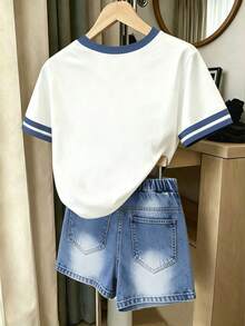 2件/套 青少年女孩復古牛仔蝴蝶結裝飾短袖T恤與短褲套裝，適合春季/夏季日常穿著 & 休閒居家服 - 彩色 - 查看 4