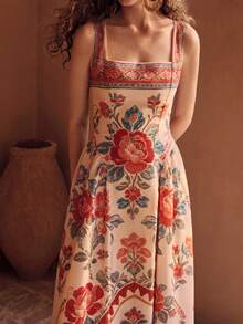 MOTF PREMIUM ROBE LONGUE ÉLÉGANTE À COL CARRÉ POUR FEMMES, IMPRIMÉ FLORAL ROMANTIQUE POUR LE PRINTEMPS ET L'ÉTÉ, AMINCISSANTE À LA TAILLE, IDÉALE POUR LES VACANCES ET LES SORTIES - Multicolore - Voir 3