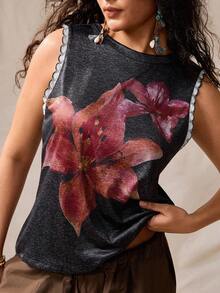 Nubod Plus Size Women's Silver Summer Boho Vacation Casual Floral Print Round Neck Sleeveless Tank Top,Graphic Tee For Beach Vacation,Music Festival Party - Black - View 2