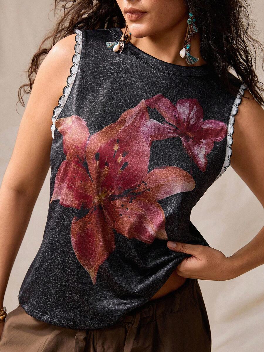 Nubod Plus Size Women's Silver Summer Boho Vacation Casual Floral Print Round Neck Sleeveless Tank Top,Graphic Tee For Beach Vacation,Music Festival Party