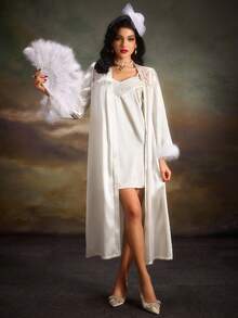 PinupPomp Contrast Lace Cami Dress & Robe PJ Set / Pajama Set White Set, Fall Clothes Cozy And Elegant Details, Winter - White - View 6