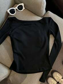 Resyla Damen Einfarbiges minimalistisches Casual Shirt mit quadratischem Ausschnitt und Langarm - Schwarz - Übersicht 2