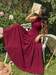 Modelyn Abito elegante da donna in stile francese, a tinta unita, estivo, aderente, con vita arricciata, plissettato e ampio gonna, adatto per occasioni formali - Bordò - Visualizzare 4