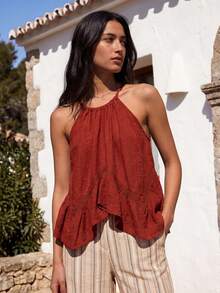 Nöista Brown Double-Strap Cami Top With Ruffle Hem. Summer, Fall, Resort, Going Out, Party Style. - Chocolate Brown - View 2