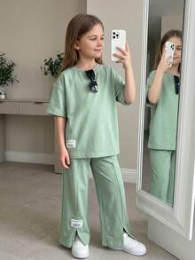 SHEIN 2pcs/Set Baju dan Celana Panjang Lengan Pendek Longgar Model Bahu Jatuh Warna Hijau Polos untuk Anak Perempuan, Musim Panas - Hijau - View 3