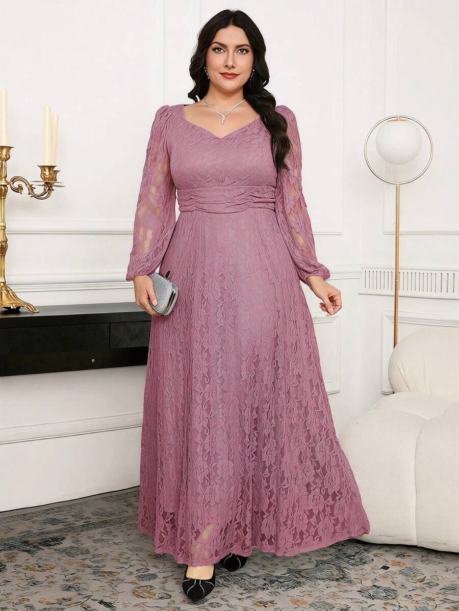 Modelyn Plus Size Women Lace Lantern Sleeve Ruched Waist Elegant Dress Fall - Dusty Pink - View 1