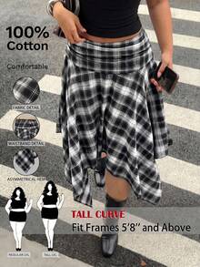 SHEIN Tall CURVE Plus Size Summer Casual Plaid Asymmetric Hem Skirt - Black and White - View 1
