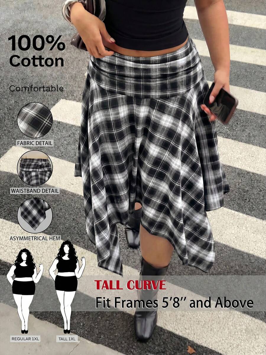 SHEIN Tall CURVE Plus Size Summer Casual Plaid Asymmetric Hem Skirt - Black and White - View 1