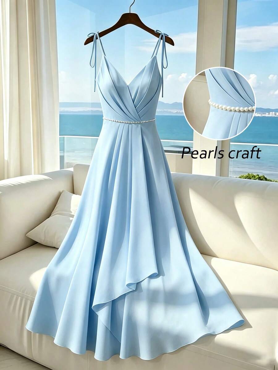 Franclia Vestido elegante de mujer con decoración de perlas falsas, cintura fruncida y anudada, vestido de noche - Azul - Ver 1