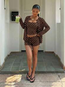 Muchica Brown Polka Dot Print Casual Knit 2 Pieces Set For Women,Summer Outfits For Women - Multicolor - View 3