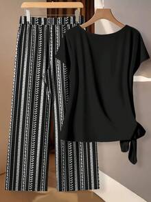 SHEIN Clasi 女士休闲衬衫配蝴蝶结和宽松直筒裤两件套，女士夏季服装，女士户外套装 - 彩色 - 查看 2