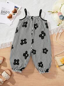 SHEIN Baby Girl Woven Floral & Striped Casual Jumpsuit - Green - View 2