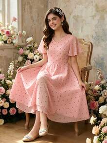 SHEIN Teenager Mädchen Rosa Chiffon elegantes Kleid, Frühling/Sommer Chiffon bedrucktes Polka Dot Kleid mit Rüschensaum, leichtes weiches Material, geeignet für Urlaub, Hochzeitssaison, verschiedene Ballveranstaltungen, formelle Anlässe - Pink - Übersicht 1