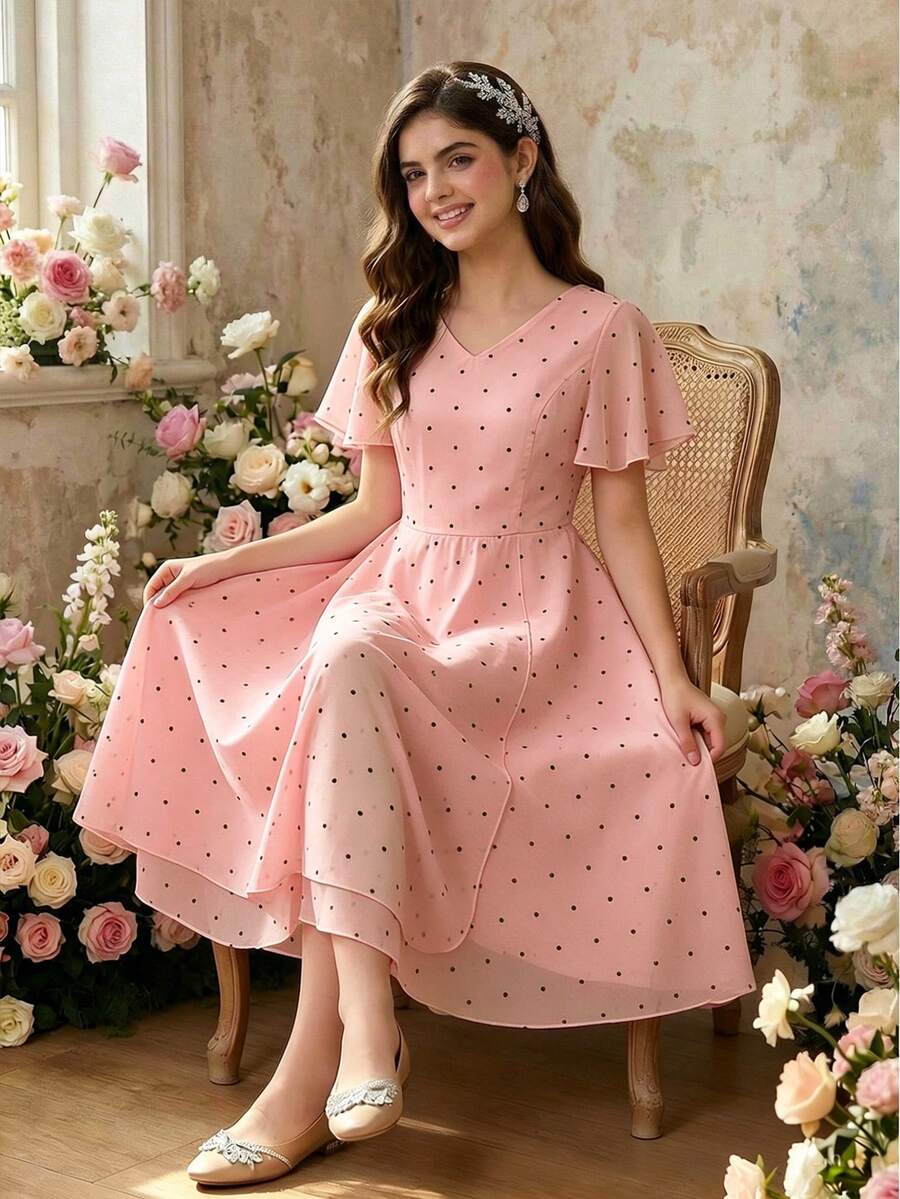 SHEIN Teenager Mädchen Rosa Chiffon elegantes Kleid, Frühling/Sommer Chiffon bedrucktes Polka Dot Kleid mit Rüschensaum, leichtes weiches Material, geeignet für Urlaub, Hochzeitssaison, verschiedene Ballveranstaltungen, formelle Anlässe - Pink - Übersicht 1