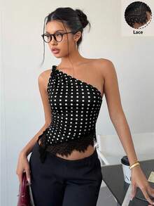 Siren Gaze 蕾丝拼接扭结单肩上衣,优雅修身女式上衣,黑色,嘉年华露脐上衣,休闲夏季,露肩,露背,派对,音乐节 - 棕色 - 查看 5