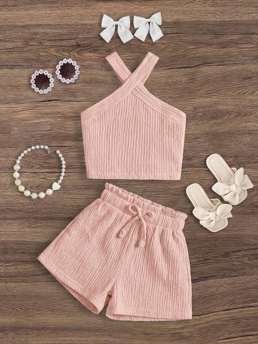 Emery Rose Kids Emery Rose Kids Bộ 2 món áo không tay và quần short dệt kim màu trơn cho bé gái - Hồng - Xem 1