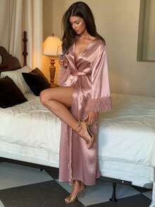Livesso Women's Solid Color Satin Patchwork Faux Fur Cuff Belted Long Robe Pajamas - Pink - View 7