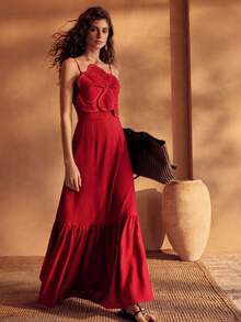 MOTF PREMIUM WOMEN'S SPRING/SUMMER VISCOSE LINEN BLEND DRESS WITH 3D FLORAL DECOR, VACATION STYLE - Red - View 6