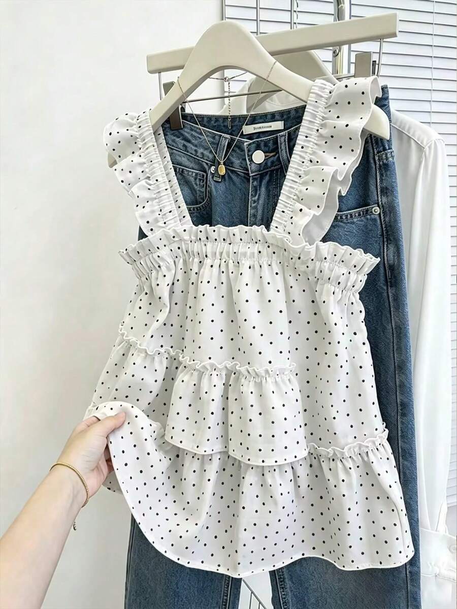 SuriyaCove Áo kiểu nữ họa tiết chấm bi, thích hợp mặc mùa hè. - Đen và trắng - Xem 1