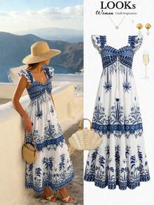 Ellevyn Women's Palm Tree Print Cap Sleeve Dress, Vacation Style - Blue and White - View 3