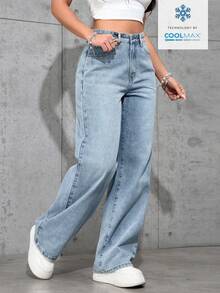 Jeanoix Casual Streetwear Washed High Waist Straight Leg Jeans Occasion Light Blue Summer - Medium Wash - View 3