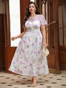 SHEIN Clasi Plus Size Women's French Floral Patchwork White Summer Elegant Wedding Tea Party Maxi Dress,Mesh Puff Sleeve Tie-Front Retro Chiffon Date Holiday - Multicolor - View 7