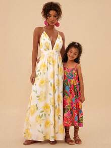 Travachic Mother's Day Tropical Floral Printed Spaghetti Strap Backless Dresses For Women,White And Yellow Summer Boho Garden Party Holiday Beach Rave Festival - Pale Yellow - View 3
